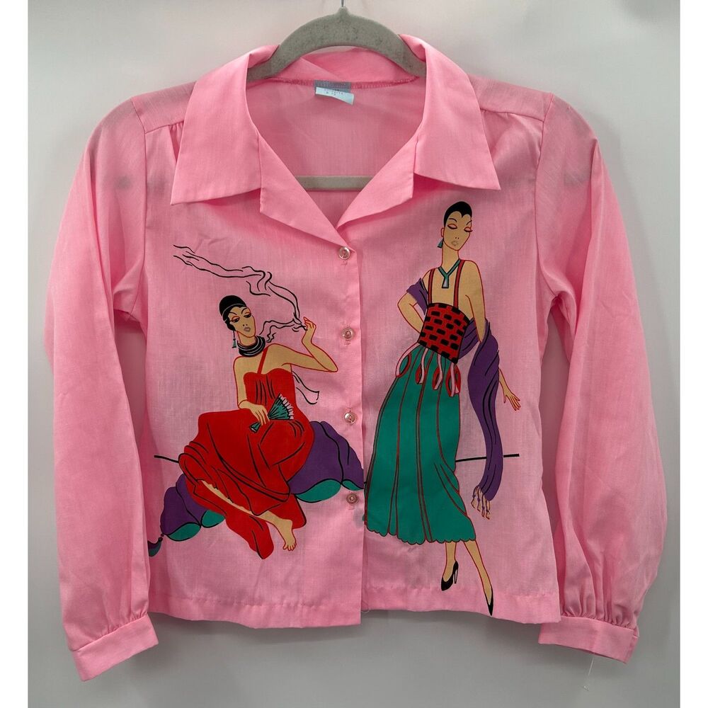 Vintage Girl's Smoking Women Graphic Pink Shirt 60s 70s Size 12 Cotton Blend